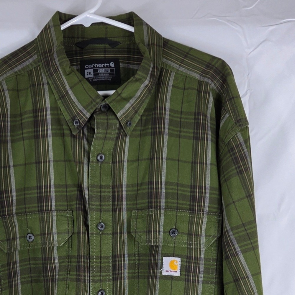 Carhartt Mens 2XL Loose Fit Green Plaid Button Down Work Shirt
